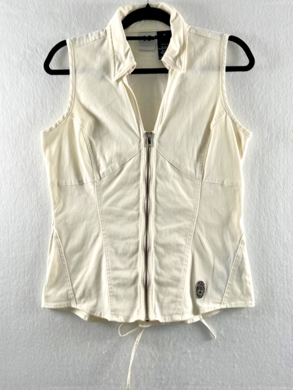 VTG Harley Davidson Cream Denim Corset Vest Rhinestone Back Graphic SZ M Y2K